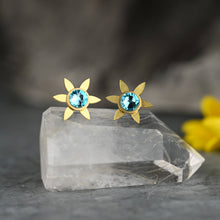 Load image into Gallery viewer, Flower & Crystal Stone Stud Earrings: Air Blue Opal / Pointed Flower