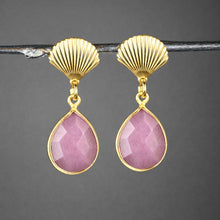 Load image into Gallery viewer, Brass Shell w/ Medium Chunky Pink Jade Tear Drop Earrings