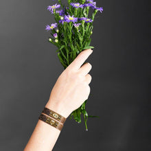 Load image into Gallery viewer, Leather Stacker Cuff w/ Freedom Eagle and Delicate Crystals: Weathered Brown