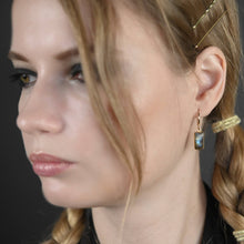 Load image into Gallery viewer, Golden Huggie with Rectangle Semi Precious Earrings: Strawberry Quartz