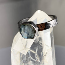 Load image into Gallery viewer, Ring w/ Labradorite Hexagon on a Hammered Band (Gunmetal): Darker Darker Labradorite- Lower Cost / 7