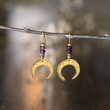 Load image into Gallery viewer, Brass Hammered Crescent Moon w/ Semi Precious Earrings: Iolite