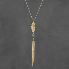 Load image into Gallery viewer, Feather, Gemstone & Gold Tassel Adjustable Necklace: Crystal