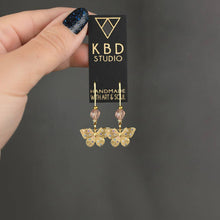 Load image into Gallery viewer, Butterflies w/ Colored Stones & Gemstone Long Wire Earrings: Strawberry Quartz