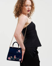Load image into Gallery viewer, Rosy Posy Embroidered Blue Mini Top Handle Tote