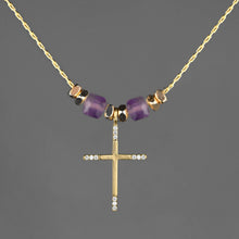 Load image into Gallery viewer, Delicate Cross w/ Tiny Stones and Semi Precious Necklace: 16 + Extender / Aquamarine