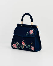 Load image into Gallery viewer, Rosy Posy Embroidered Blue Mini Top Handle Tote