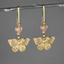 Load image into Gallery viewer, Butterflies w/ Colored Stones & Gemstone Long Wire Earrings: Strawberry Quartz