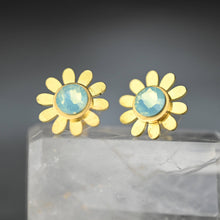 Load image into Gallery viewer, Flower & Crystal Stone Stud Earrings: Air Blue Opal / Pointed Flower