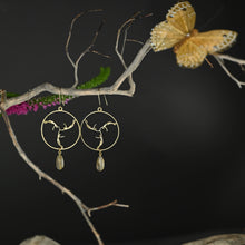 Load image into Gallery viewer, Triple Goddess Brass Cast Hoops w/ Semi Precious Tear Drop: Golden Rutile