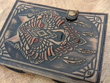 Load image into Gallery viewer, Wolf Embossed Leather Journal diary with 200 vintage paper pages