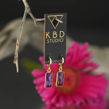 Load image into Gallery viewer, Golden Huggie with Rectangle Semi Precious Earrings: Strawberry Quartz