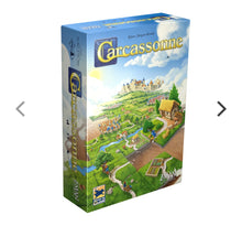 Load image into Gallery viewer, Board game box for 'Carcassonne' with a colorful illustration of a medieval town and landscape.