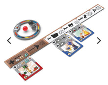 Load image into Gallery viewer, Board game components including cards and a spinner on a white background