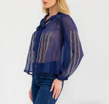 Load image into Gallery viewer, Sheer Blue Long Sleeve Blouse with Tie