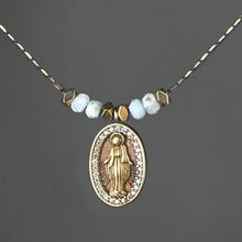Load image into Gallery viewer, Delicate Beaded Mary w/ Small Larimar Stones Necklace: 16 + Extender
