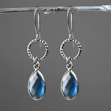 Load image into Gallery viewer, Gunmetal Small Circle Earrings with Stone Drop Earrings: London Blue