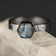 Load image into Gallery viewer, Ring w/ Labradorite Hexagon on a Hammered Band (Gunmetal): Darker Darker Labradorite- Lower Cost / 7