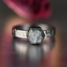 Load image into Gallery viewer, Ring w/ Labradorite Hexagon on a Hammered Band (Gunmetal): Darker Darker Labradorite- Lower Cost / 7