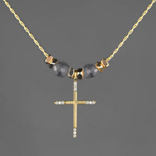 Load image into Gallery viewer, Delicate Cross w/ Tiny Stones and Semi Precious Necklace: 16 + Extender / Aquamarine