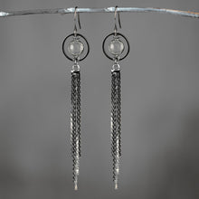 Load image into Gallery viewer, Caged Semi Precious Circle Shimmer Tassel Earrings (Gunmetal: Amethyst