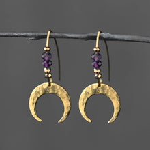 Load image into Gallery viewer, Brass Hammered Crescent Moon w/ Semi Precious Earrings: Iolite