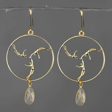 Load image into Gallery viewer, Triple Goddess Brass Cast Hoops w/ Semi Precious Tear Drop: Golden Rutile