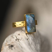 Load image into Gallery viewer, Rectangle Labradorite Ring on a Hand Hammered Band: 7