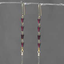 Load image into Gallery viewer, Sleek Semi Precious Long 4 Garnet Black Gold Tassel Earrings