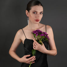 Load image into Gallery viewer, Caged Semi Precious Circle Shimmer Tassel Earrings (Gunmetal: Amethyst