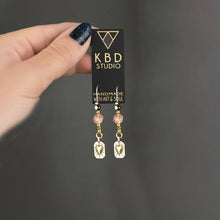 Load image into Gallery viewer, Antique Brass Radiating Heart w/ Gemstone Long Wire Earrings: Hematite & Strawberry Quartz Star Cut