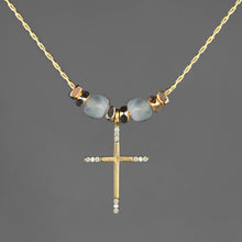 Load image into Gallery viewer, Delicate Cross w/ Tiny Stones and Semi Precious Necklace: 16 + Extender / Iolite
