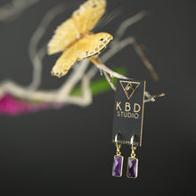 Load image into Gallery viewer, Golden Huggie with Rectangle Semi Precious Earrings: Strawberry Quartz
