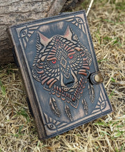 Load image into Gallery viewer, Wolf Embossed Leather Journal diary with 200 vintage paper pages