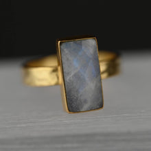 Load image into Gallery viewer, Rectangle Labradorite Ring on a Hand Hammered Band: 7