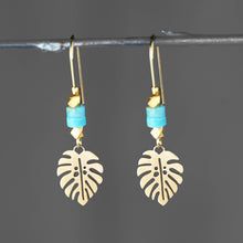 Load image into Gallery viewer, Brass Leaf w/ Beaded Semi Precious Heishi Top Earrings: Black Labradorite