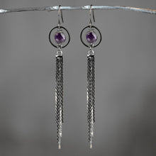 Load image into Gallery viewer, Caged Semi Precious Circle Shimmer Tassel Earrings (Gunmetal: Amethyst