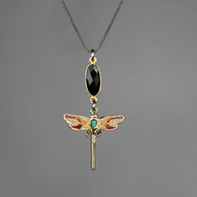 Load image into Gallery viewer, Mixed Metal Enamel Dragonfly on Delicate Adjustable Necklace: Black Onyx Oval
