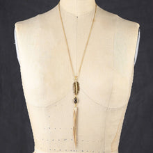 Load image into Gallery viewer, Feather, Gemstone &amp; Gold Tassel Adjustable Necklace: Crystal
