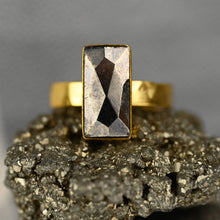 Load image into Gallery viewer, Pyrite Rectangle   Ring on a Hand Hammered Gold Band: 7
