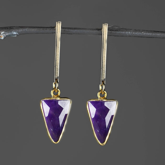 Bar Top Classic Semi Precious Triangle Drop Earrings: Amethyst