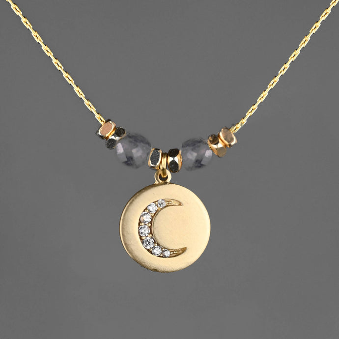Pave Moon w/ Semi Precious Stones Necklace: 16 + Extender / Iolite