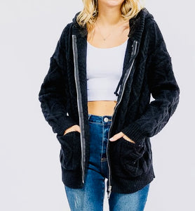 Black Cable-knit Zip Sweatshirt