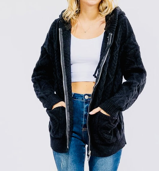 Black Cable-knit Zip Sweatshirt