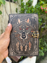 Load image into Gallery viewer, Wolf Embossed Leather Journal diary with 200 vintage paper pages
