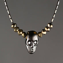 Load image into Gallery viewer, Hematite Skull w/ Gold Crystals &amp; Crystal Eyes Necklace: 16 + Extender / Gold

