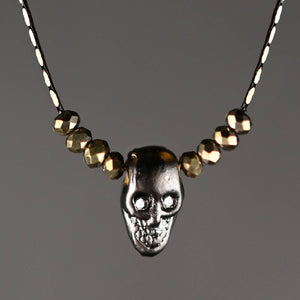 Hematite Skull w/ Gold Crystals & Crystal Eyes Necklace: 16 + Extender / Gold