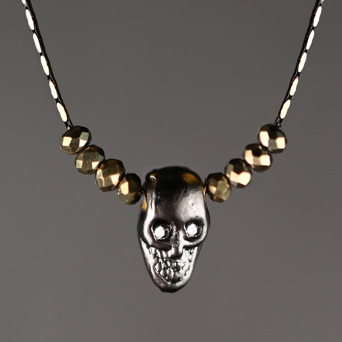 Hematite Skull w/ Gold Crystals & Crystal Eyes Necklace: 16 + Extender / Gold