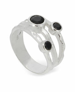Black Onyx Triple Gemstone Ring, Sterling Silver: Size 6
