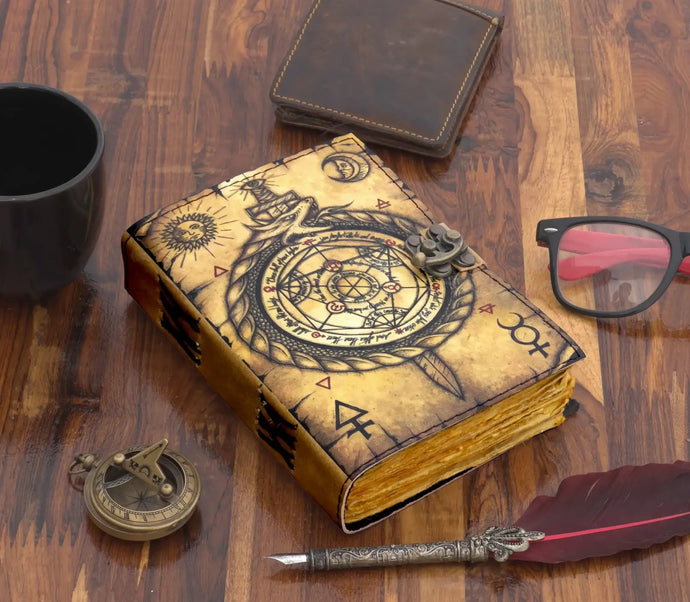 Vintage Leather Journal Notebook Diary with Compass Print 